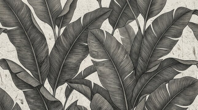 Monochrome botanical pattern of overlapping banana leaves with fine linear detailing on a rough background, modern tropical texture with muted sophistication, ultra-realistic, no logos.