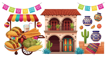 Obraz premium Celebrating Cinco de Mayo, an illustration showcases a festive food cart brimming with tacos and churros next to a traditional Mexican building, adorned with colorful papel picado banners