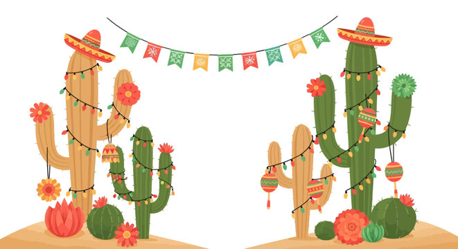 Whimsical illustration of cacti adorned with colorful garlands and sombreros against a clean white background, embodying the festive spirit of Cinco de Mayo with a playful and vibrant