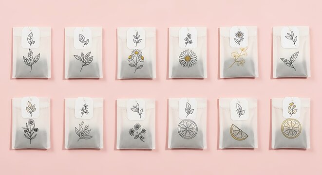 Top view flat lay of teabags arranged neatly on pastel background, soft lighting, clean composition, minimal modern tea concept.