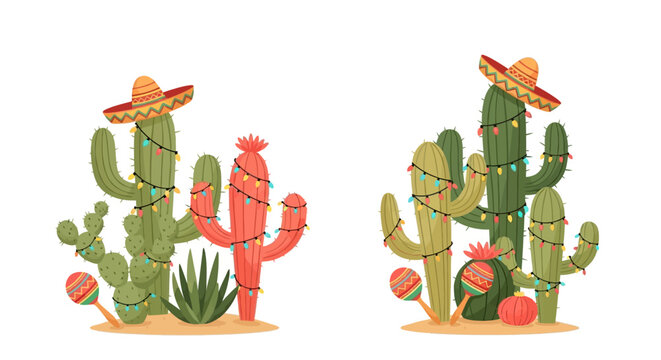 Festive Cinco de Mayo illustration featuring colorful cacti wearing sombreros and adorned with bright string lights, set against a clean white background, creating a celebratory