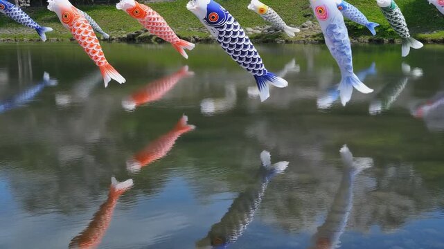 Cinematic Slow Motion of Rows of Koinobori Carp Streamers Stretched Across a River on Ropes