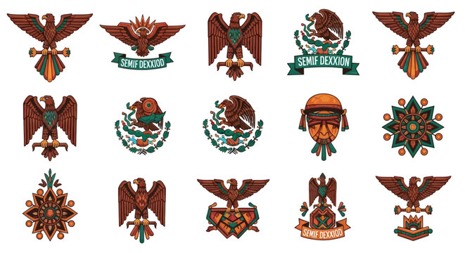 A collection of vectorized Mexican eagle emblems, symbols of Cinco de Mayo, is presented in a flat lay against a bright white background with intricate detailing and a patriotic mood