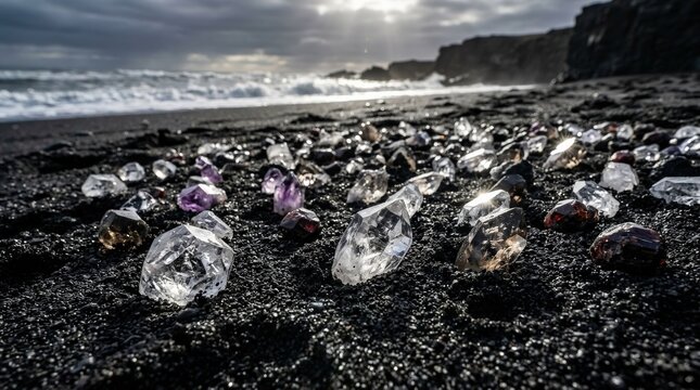 Sparkling crystals scattered across black sand, sharp facets and dark granular texture catching dramatic highlights, ultra-realistic, no logos.