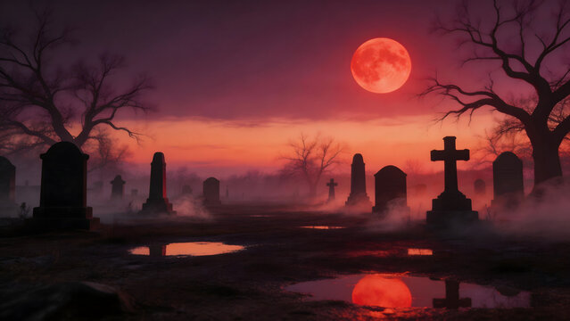 Graveyard at dusk with red moon