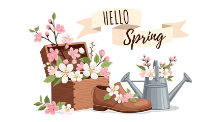 Hello Spring floral banner with cherry blossoms in wooden box, vintage watering can and garden shoe, seasonal greeting card vector illustration isolated PNG with Transparent Background © Cozirooh.com