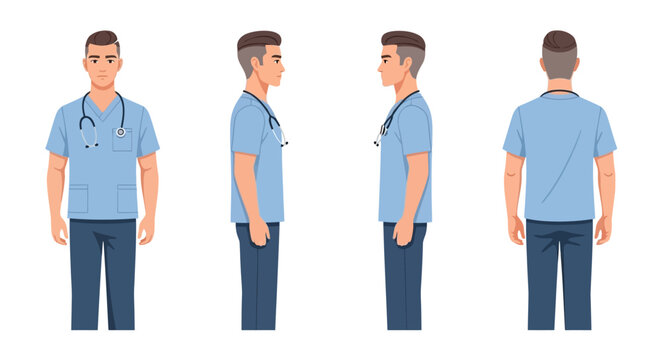 Illustration of a male doctor in various poses.