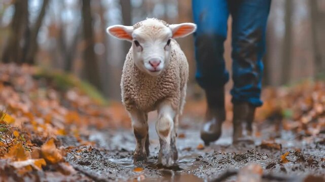 Lamb walking in autumn forest with man in background. Jesus Lost Sheep, Good Shepherd Parable, Biblical Story, Lost and Found Sheep - Christian Religious Narrative