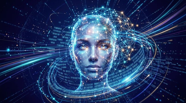 A digital human head surrounded by glowing binary code and neural network connections, layered light trails, deep blue darkness, advanced AI atmosphere, ultra-realistic, no logos.