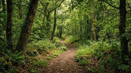 Obraz premium A peaceful forest path winding through lush greenery, filtered sunlight and soft earth tones inviting quiet serenity, ultra-realistic, no logos.