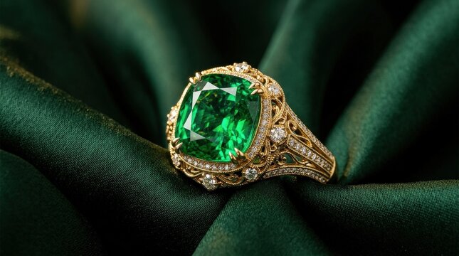 A faceted emerald gemstone ring sparkling on rich dark green silk, intricate setting, deep jewel tones and luxurious fabric folds, focused dramatic light and an elegant opulent atmosphere,