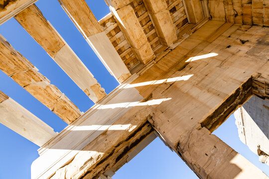 The Propylaea. Close-up.  Stone ceiling beams and a marble coffered ceiling. Acropolis, Athens, Greece, Europe