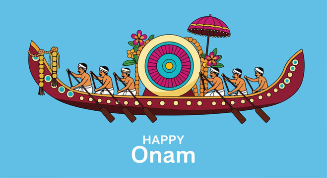 Vibrant traditional Indian boat with colorful decorations celebrating Onam festival