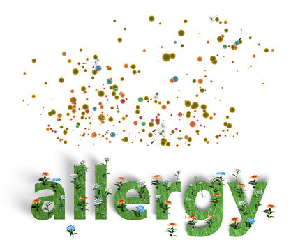 3D illustration of the word "allergy" in English. With pollen flying and flowers that trigger spring allergies. Graphic style with flat colors on a white background.