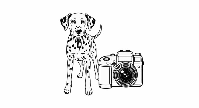 A spotted dog stands next to a vintage camera on a plain white background
