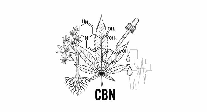 A stylized illustration showing a cannabis leaf, roots, chemical formulas, and drops