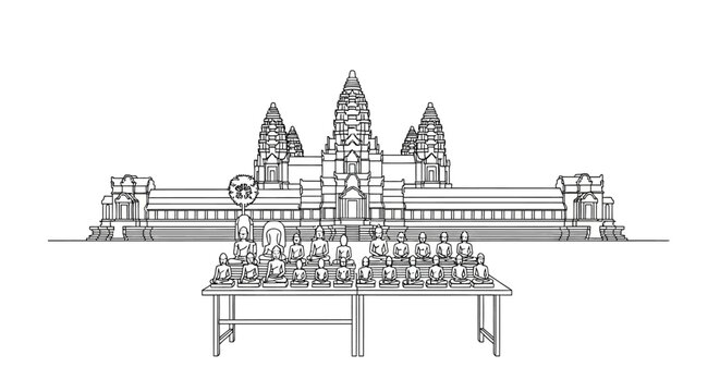Intricate Line Drawing of Angkor Wat Temple in Cambodia.