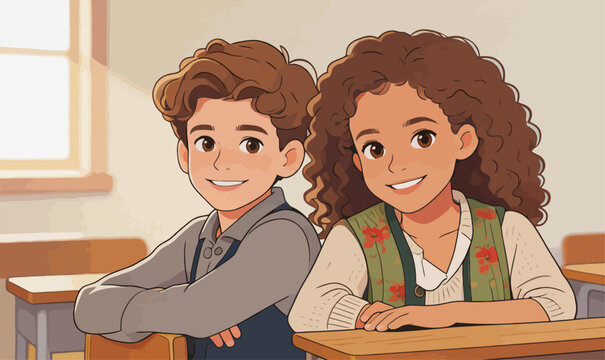 Two Smiling Schoolchildren Sitting in a Classroom