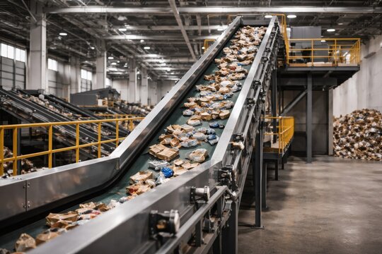 Automated conveyor belt system sorting waste materials in a modern recycling facility