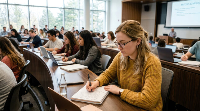 Focused female student taking notes in a notebook during a university lecture.