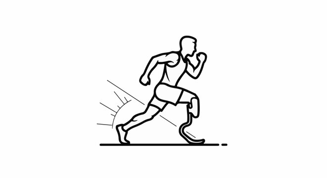 A stylized outline of a runner with a prosthetic leg moving forward