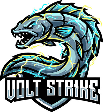 Dynamic electric eel illustration with vibrant lightning charge, ideal for gaming or tech branding and digital media