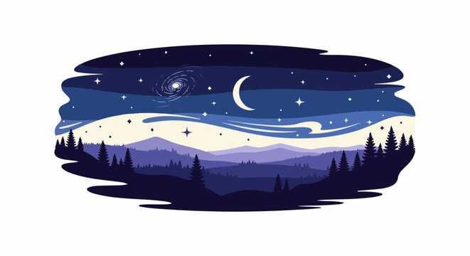 A stylized night landscape with mountains, pine trees, crescent moon, and galaxy
