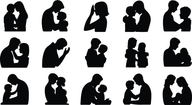 Parents with Kids Silhouette Icon Collection Set Family Parents and Children
