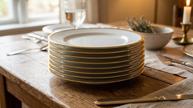 A stack of white plates with gold trim on a wooden surface, refined tableware styling and warm hospitable light, ultra-realistic, no logos.