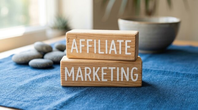 Affiliate Marketing concept shown with text on wooden blocks on a blue cloth.