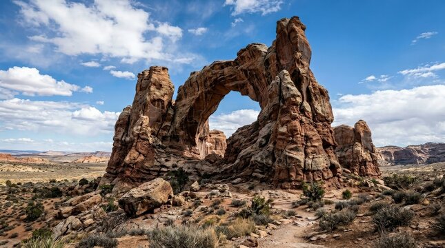 A dramatic rock formation sculpted by wind and time, rugged stone surfaces, layered mineral textures, open sky and sparse terrain, awe-filled natural grandeur in crisp daylight, ultra-realistic, no
