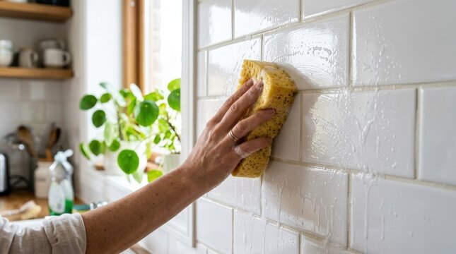 A yellow sponge cleaning a white tiled kitchen wall in daylight, water streaks, glossy ceramic texture and fresh domestic atmosphere, ultra-realistic, no logos.