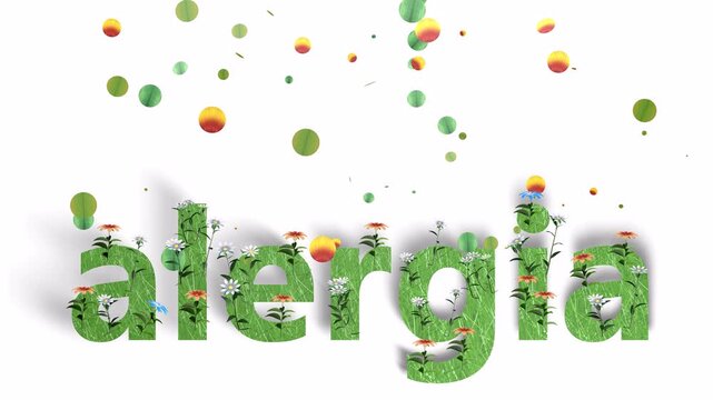 3D animation of the word "allergy" in Spanish. With pollen flying and flowers that trigger spring allergies. Graphic style with flat colors on a white background.
