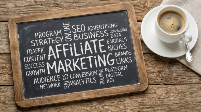 Affiliate Marketing word cloud concept on a rustic slate chalkboard with a cup of coffee.