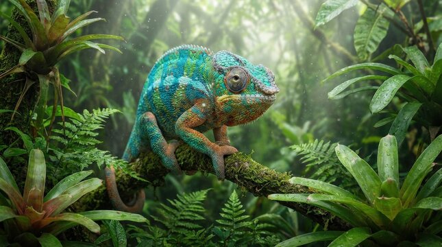 A Furcifer pardalis resting among dense tropical plants, vivid scales, alert eyes and layered jungle foliage, humid filtered light and exotic natural atmosphere, ultra-realistic, no logos.