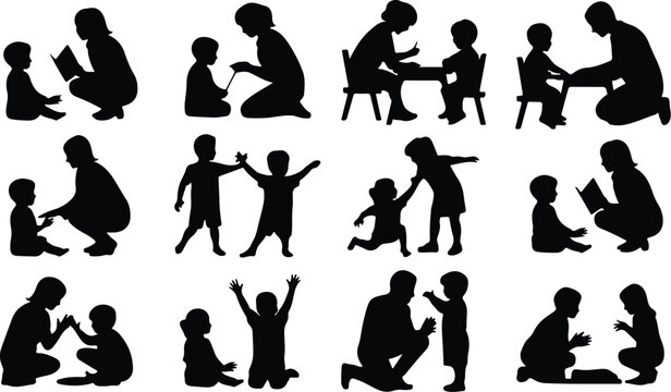 Parents with Kids Silhouette Icon Collection Set Family Parents and Children