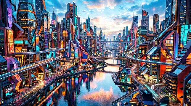 A colorful abstract cityscape built from geometric forms, layered structures, glowing reflections and urban rhythm beneath a bright sky, bold futuristic atmosphere, ultra-realistic, no logos.