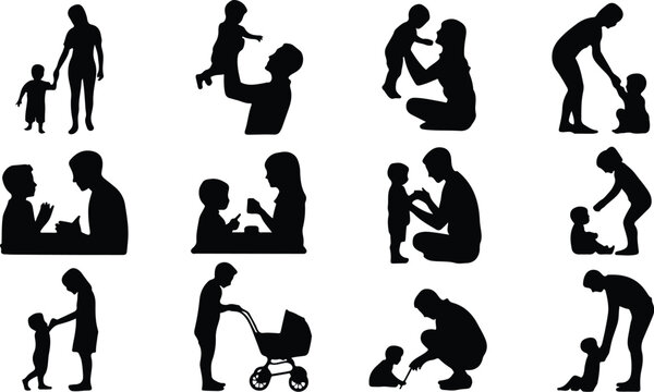 Parents with Kids Silhouette Icon Collection Set Family Parents and Children