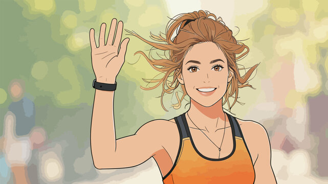 Smiling female runner waving hand in outdoor park