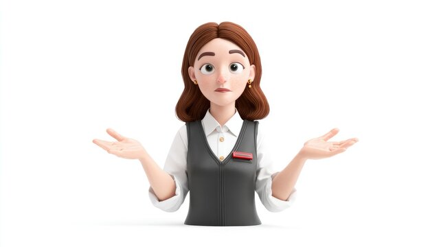Bewildered 3D Cartoon Employee Shrugging Shoulders with a Helpless Gaze