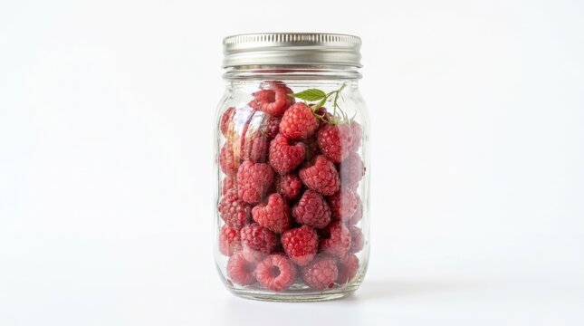 A glass jar with fresh raspberries isolated on a white background, vibrant summer berries with natural texture and healthy harvest freshness, ultra-realistic, no logos.