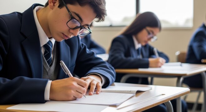 Students in school uniform focus on writing during an exam