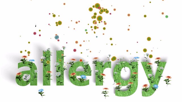 3D animation of the word "allergy" in English. With pollen flying and flowers that trigger spring allergies. Graphic style with flat colors on a white background.