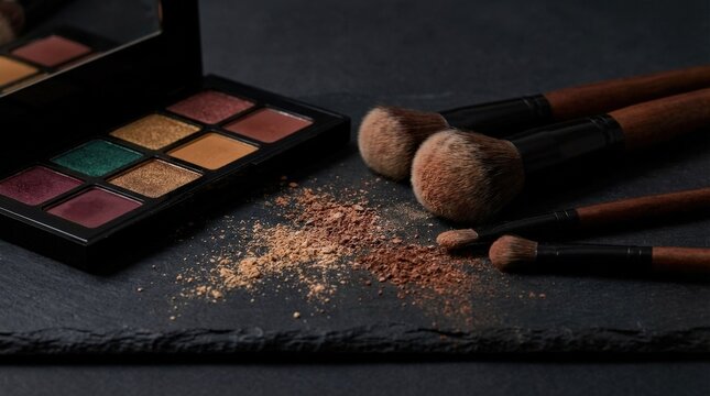 An eyeshadow palette, cosmetic brushes and scattered face powder on a dark background, rich pigments, soft bristles and elegant arrangement, moody studio light and a sophisticated makeup atmosphere,