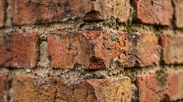 Weathered bricks in close-up, chipped edges, layered mortar and aged earthy tones, visual story of time under soft angled light, ultra-realistic, no logos.