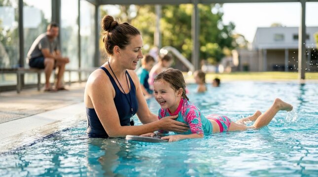 Child learning a swim lesson with an instructor, family safety and sports education concept, poolside training, supportive coaching, happy childhood development, clear water, realistic movement and