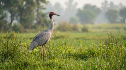 Fototapeta premium Majestic Sarus Crane standing in lush green field at sunrise