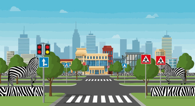 City intersection with zebras, traffic lights, crosswalks, and skyscrapers