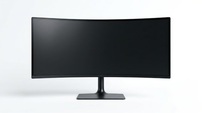 A modern curved computer monitor isolated on a white background, blank screen mockup with sleek black frame and premium tech minimalism, ultra-realistic, no logos.