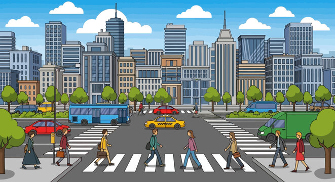 City street scene with pedestrians crossing at a crosswalk, cars, bus, and buildings